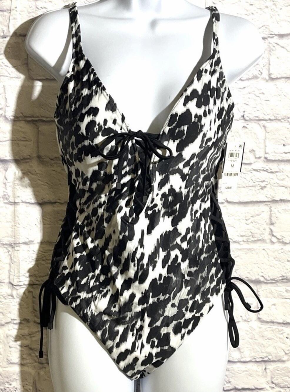 Bar III Heat Wave One Piece Swimsuit M Black White Push Up Lace Up NWT